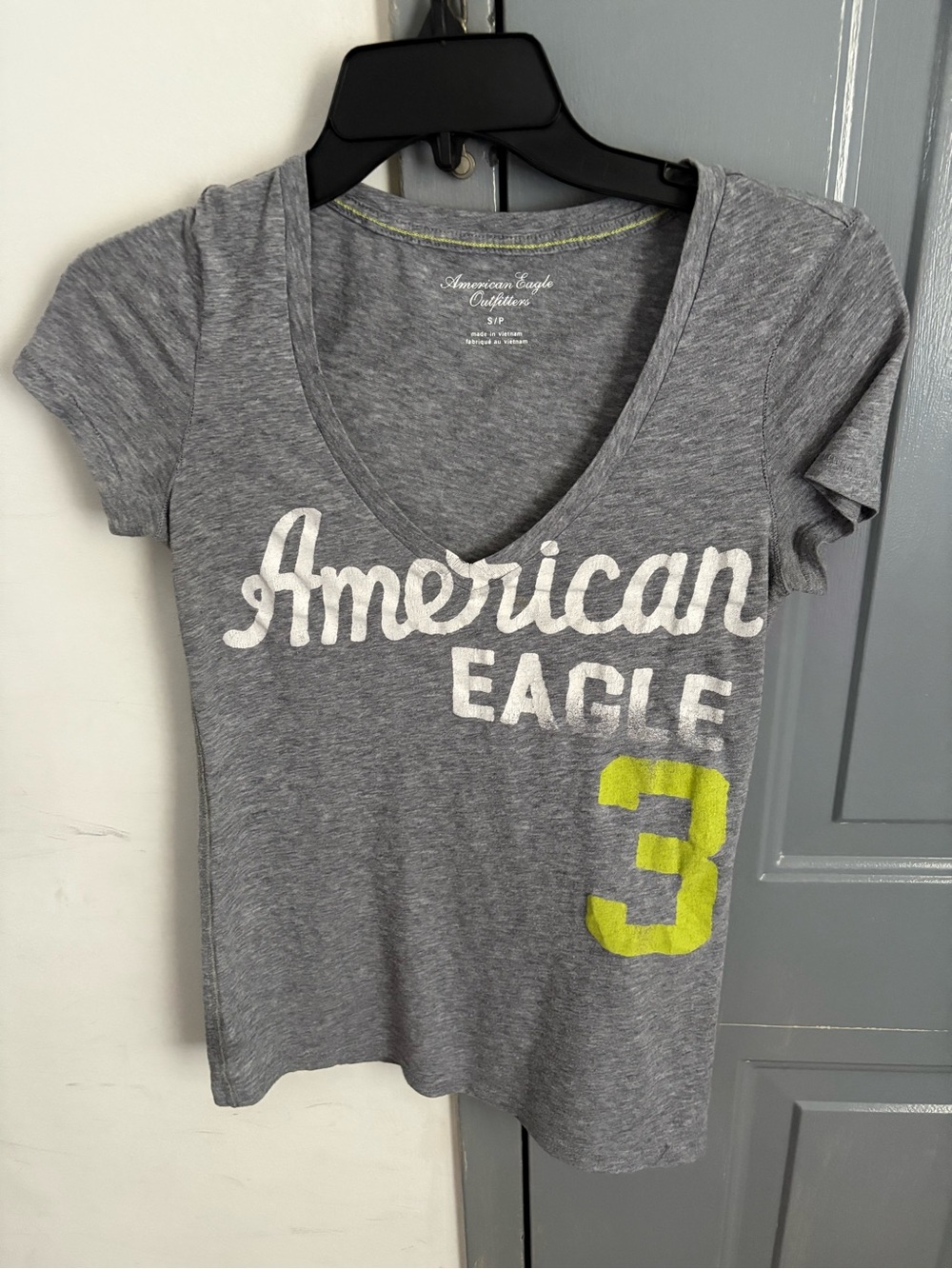 American Eagle Outfitters Gray V-Neck Tee with White Logo and Lime Accent